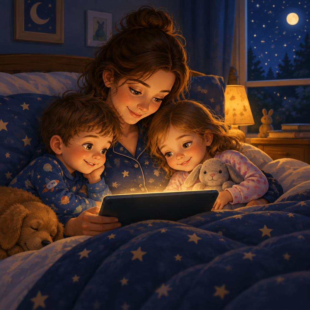 Mamá leyendo un cuento con sus dos hijos en la cama por la noche